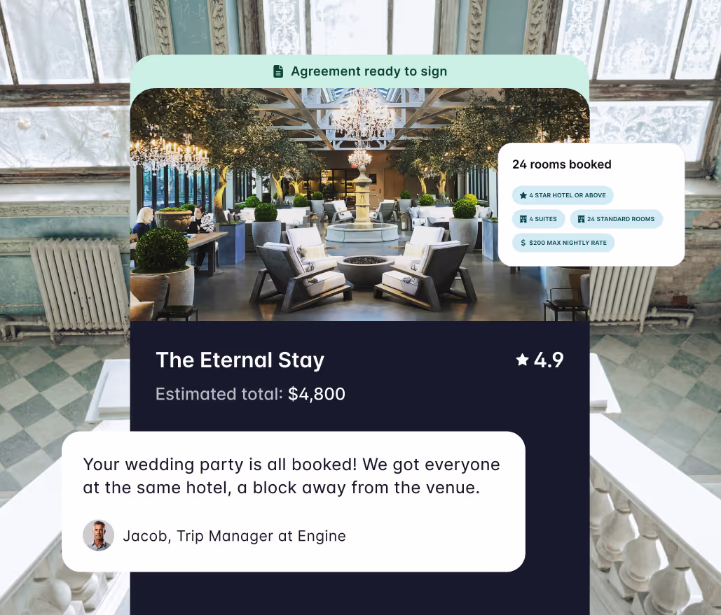 A hotel listing, and a chat bubble featuring a conversation with a support rep